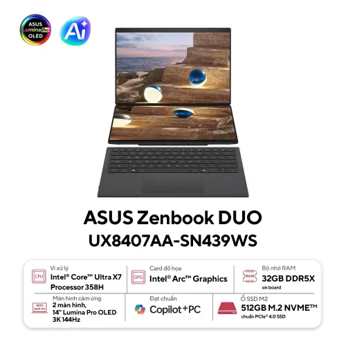 Laptop Asus ZenBook Duo UX8407AA-SN439WS (Intel Core Ultra X7 Processor 358H | 32GB | 512GB | Intel Arc | 14 inch 3K OLED | Cảm ứng | Win 11 | Office | Xám)